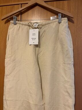 Woman light Linen Blend Drawstring Pants — Cream/light yellow . Wide leg